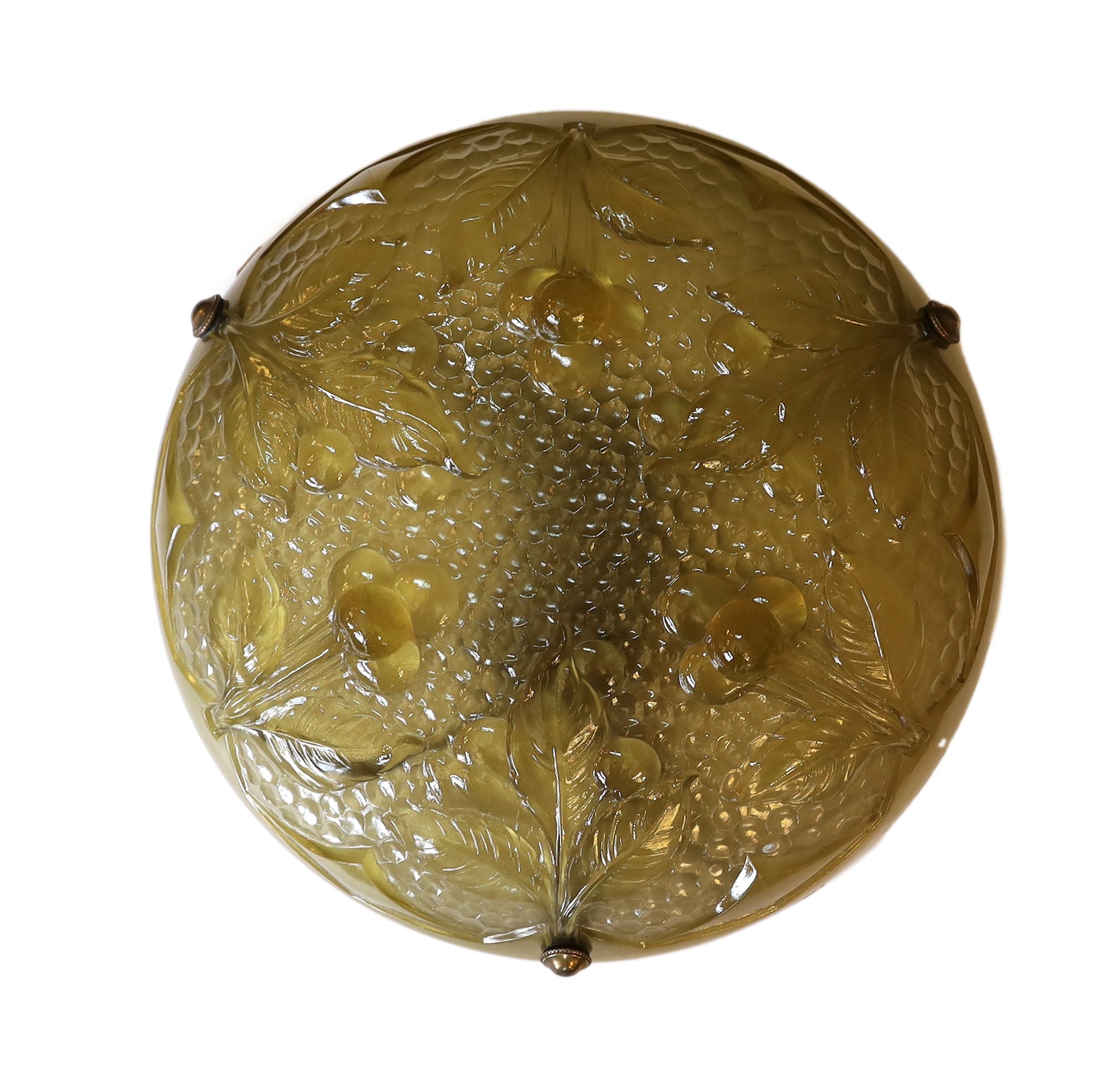 A 1920s-30s French moulded glass light bowl decorated with stylised fruit, with chain set and ceiling rose, diameter 35cm